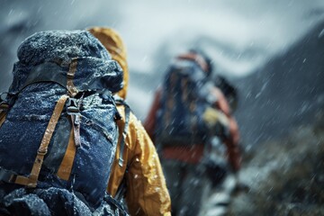 Hikers navigating a snowy mountain trail in harsh weather conditions during an adventurous trek in the wilderness