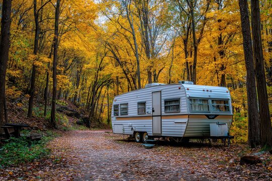 Camping in a travel trailer surrounded by vibrant fall foliage at Ferne Cly Forest during a peaceful autumn day