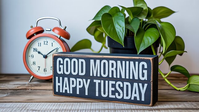Good morning happy tuesday sign with vintage clock and green plant on wooden surface
