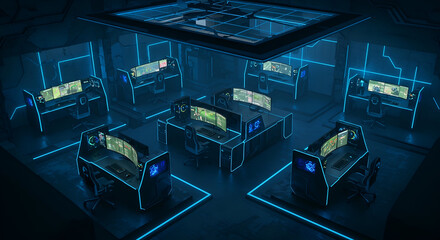 Futuristic High-Tech Office Workspace with Multiple Computer Desks and Ambient Blue Lighting in a Modern Digital Environment