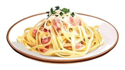 Spaghetti carbonara pasta dish with pancetta and parsley garnish on white plate italian food