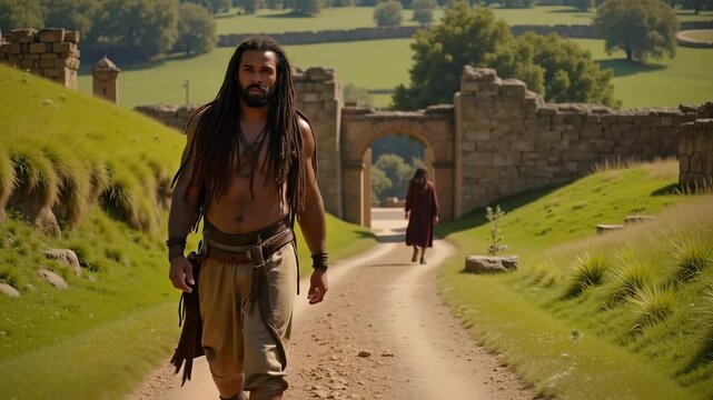 Biblical Samson walks along ancient road through green pastures, a powerful Old Testament warrior with long dreadlocks, Christian visual footage