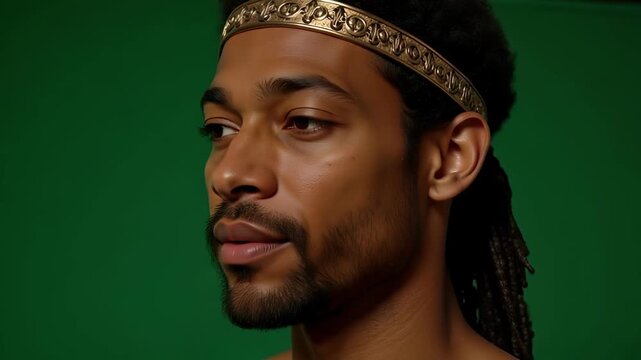 Abednego's close-up portrait with bronze headband on green screen, perfect for visual storytelling and dynamic video projects in 4K.