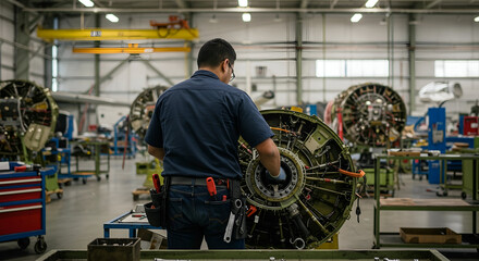 Engineer Working on Aircraft Engine in a Manufacturing Workshop with Modern Equipment and Tools in an Industrial Setting