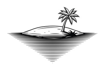 Tropical Island with Palm Tree in the Ocean Engraving Style Vector Illustration