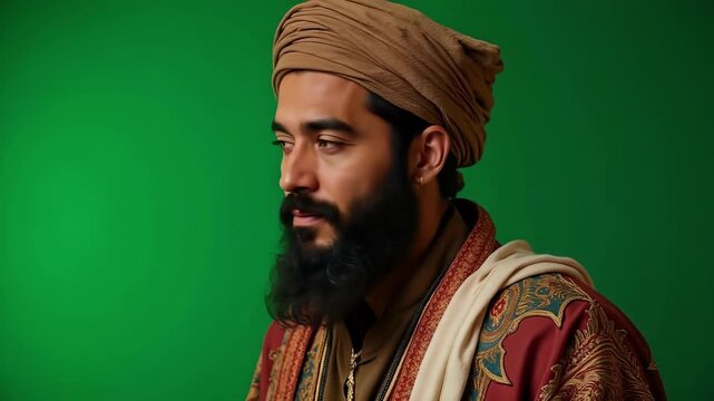 Close up portrait of Balaam wearing a prophet's biblical dress and headwrap on a green screen, ready for visual storytelling