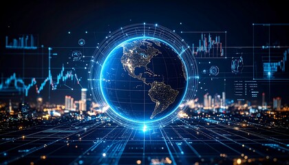 Night cityscape with glowing earth at center, surrounded by data visualizations