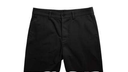 A close-up view of sleek black pants featuring a modern design and tailored fit, ideal for both casual and formal occasions.