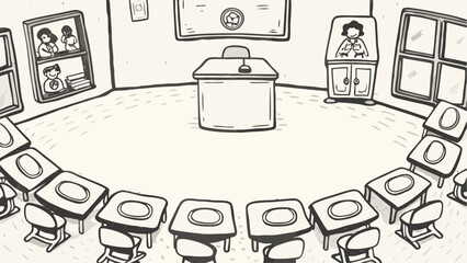 An illustration of a classroom with desks arranged in a circle around the teacher's desk and cabinet