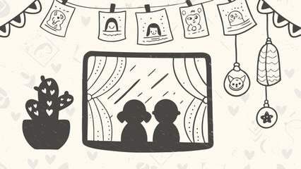 Doodle style illustration of a couple watching a movie with hanging pictures and decorations
