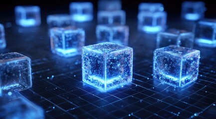 Abstract digital cubes, glowing blue, on a grid (1)