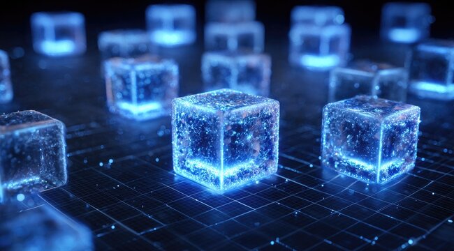 Abstract digital cubes, glowing blue, on a grid (1) - Powered by Adobe