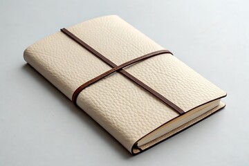A closed textured light colored journal or notebook with a dark elastic band closure secured in a crisscross pattern on a neutral gray background