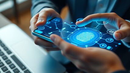Person using smartphone with biometric fingerprint scanner technology security