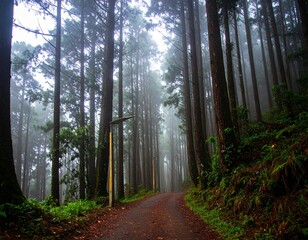 Obraz premium Misty Forest with Solar Streetlights – Quiet Green Infrastructure