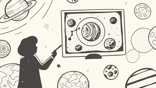 Illustration of a person pointing at a screen showing planets and stars in a space themed setting