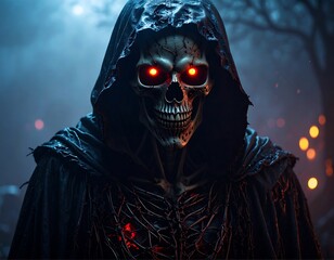 Skeletal figure in dark cloak, glowing eyes