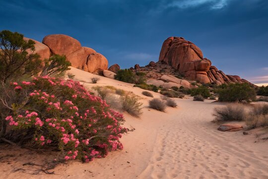 A scenic desert landscape with blooming pink wildflowers and joshua trees under a dramatic twilight sky with rocky formations