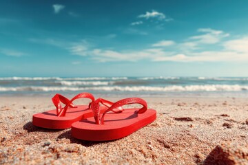 Red flipflops resting on beautiful sandy beach under bright sun with calm ocean waves in the background during a perfect summer day