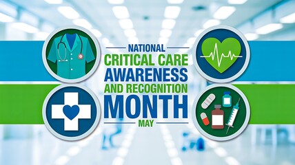 National critical care awareness and recognition month design with medical icons and hospital background
