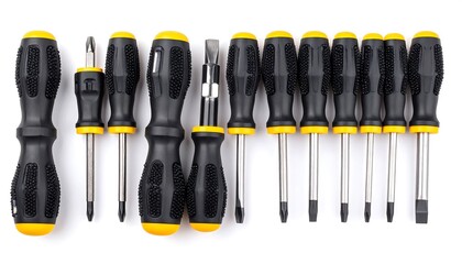 An arrangement of black and yellow handled screwdrivers on a white background