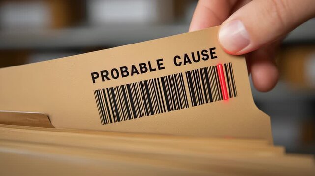 Probable Cause file held by a person, featuring a barcode, stands out against a blurred background, hinting at legal procedures or investigative documentation.