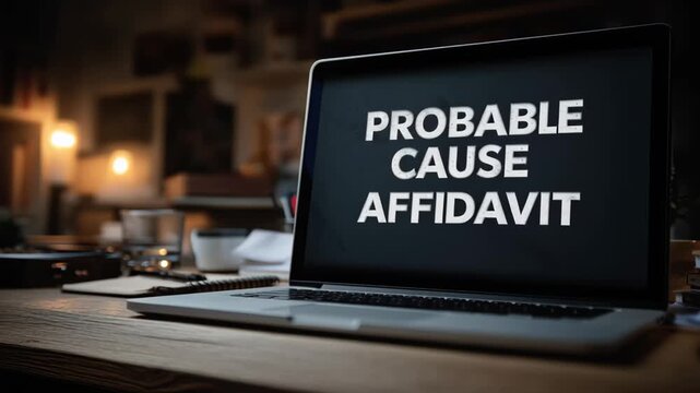 &ldquo;Probable Cause Affidavit&rdquo; appears on a laptop screen in a dimly lit room, suggesting a legal investigation or confidential documentation. The surrounding shadows evoke a sense of secrecy and tension.