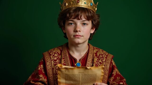 Young King Josiah in regal biblical attire holding scroll on green screen, perfect for historical, religious, and educational projects