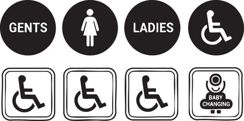 Vector illustration of a set of public restroom gender signs and buttons for design and web