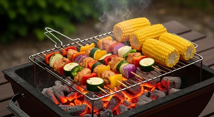 Delicious grilled chicken and vegetable skewers with fresh corn on the cob summer barbecue