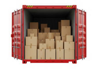 Red shipping container filled with cardboard boxes ready for international shipment and global commerce distribution isolated on transparent background