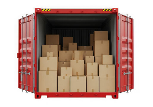 Red shipping container filled with cardboard boxes ready for international shipment and global commerce distribution isolated on transparent background