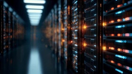 Server racks processing and transferring data with blinking and flashing lights in a modern data center, representing innovation and technology