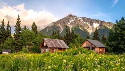 Fototapeta premium Rustic Cabins Nestled in a Vibrant Meadow with Majestic Mountain Backdrop