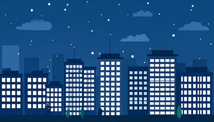 Night cityscape with illuminated buildings under a starry sky
