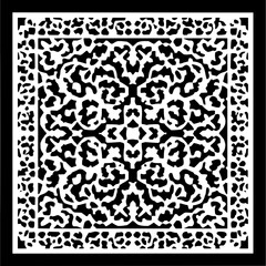 Ornate black and white abstract design with symmetrical patterns and decorative border elements present here