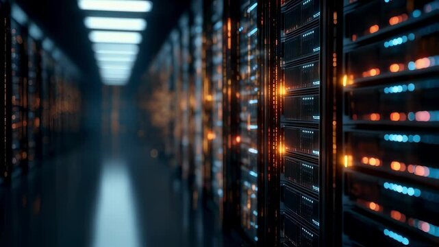 Server racks processing and transferring data with blinking and flashing lights in a modern data center, representing innovation and technology