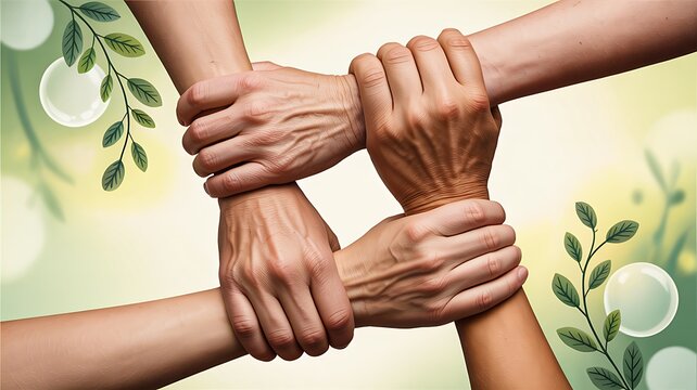 Group of diverse hands holding each other representing unity teamwork and support
