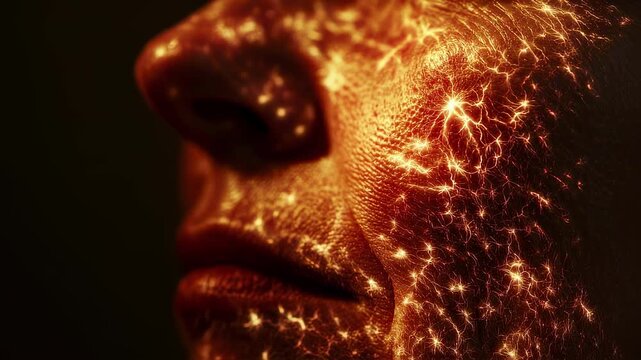 Animated thermal visualization focusing on widespread heat emission from inflamed bright red skin afflicted by exfoliative erythroderma.