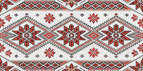 Authentic traditional embroidery pattern featuring geometric motifs and floral elements in red and black