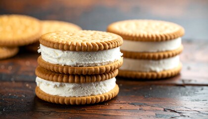 Two layers of creamy ice cream filling sandwiched between crisp, textured cookies