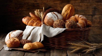 Basket overflowing with assorted breads and pastries on a rustic wooden table
