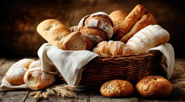 Assorted baked goods in a wicker basket.  Various loaves, rolls, and pastries fill a rustic basket, resting on a wooden surface.  Wheat stalks add a touch of nature to the still life