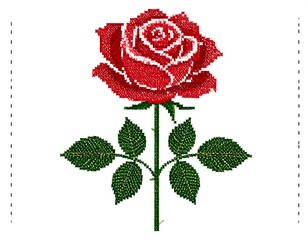 Artistic depiction of a red rose with a white outline, pixelated design style