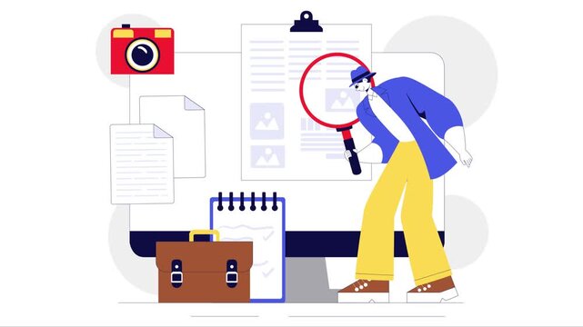 Animation of Private Investigator Illustration Featuring Detective Services with Magnifier, Binoculars and Newspaper Articles for Crime Investigation