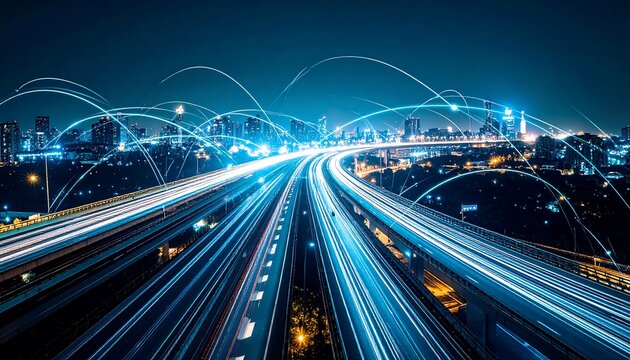 Night cityscape with illuminated highway and digital network connections
