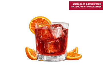 Watercolor illustration of a classic Negroni cocktail with orange garnish. Cocktail drink watercolor illustration on transparent background.