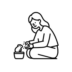 A woman is sitting and feeding a hamster in a bowl with small pieces of food in a black and white line art