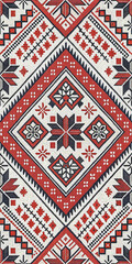 Stunning traditional geometric embroidery pattern with vibrant red and black motifs on white