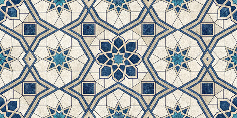 Exquisite Islamic geometric pattern with intricate blue and beige tiling, evoking timeless elegance and sophistication.